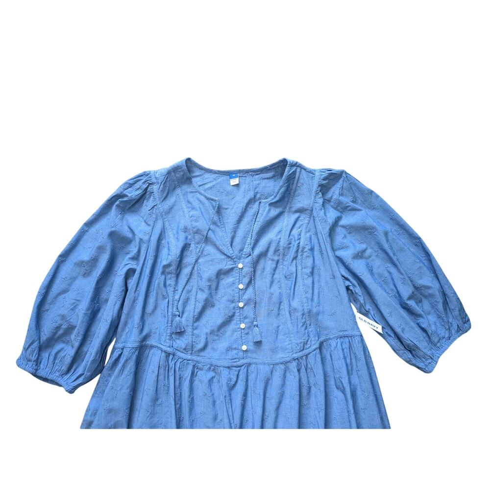 NWT Old Navy Tiered Denim Dress Women 2X Blue Cotton Embroidered Cottage Western - Picture 2 of 8